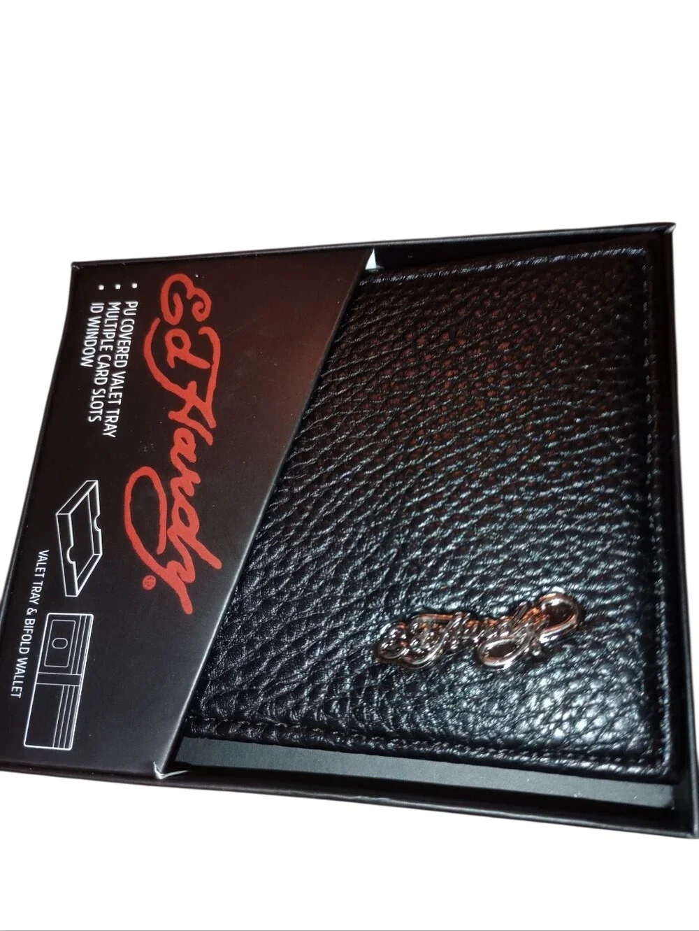 Ed Hardy Black Leather Wallet with Heart & Skull Graphic Gift Case, NWT